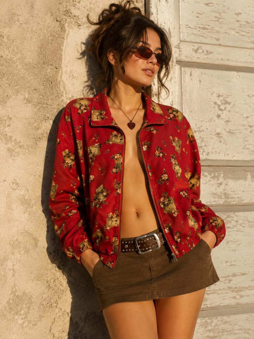 Vintage Line Up Sport Red Floral Windbreaker Jacket Retro Y2K Zip Up Large